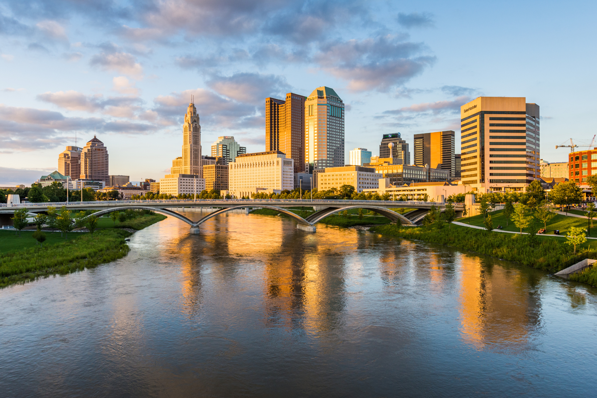 Columbus, Ohio skyline at sunset over the Scioto River